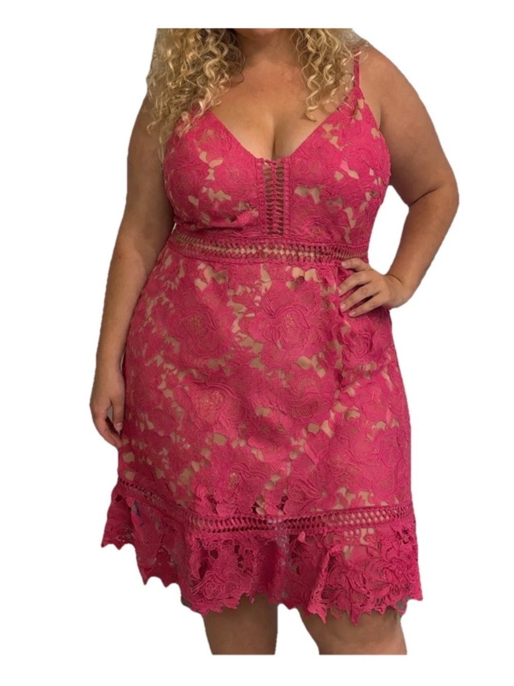 Gianni Bini Women’s Pink mermaid Lace Floral ruffle dress Lined Size XL